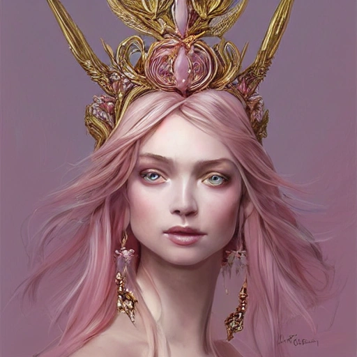 light pink and gold and white , full-head Beautiful fantasy princess , mid-shot, intricate detailed sharp freeform headdress, correct face, elegant, centered head, sharp face, detailed face, highly detailed, digital painting, colorful, beautiful colors, artstation, concept art, smooth, illustration, art by Krenz Cushart