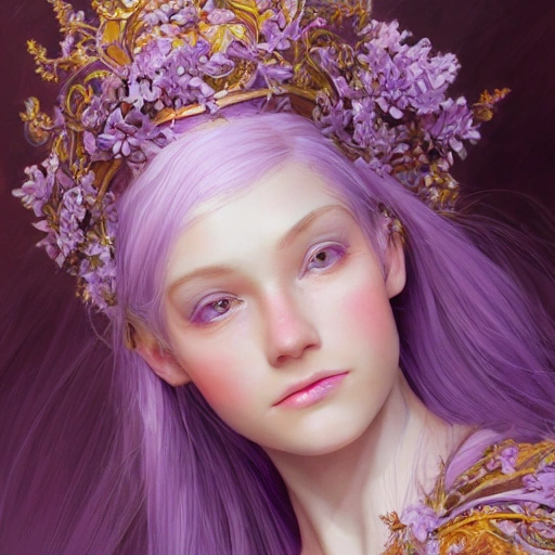 lilac and white and peach, full-head Beautiful fantasy princess , mid-shot, intricate detailed sharp freeform headdress, correct face, elegant, centered head, sharp face, detailed face, highly detailed, digital painting, colorful, beautiful colors, artstation, concept art, smooth, illustration, art by Krenz Cushart