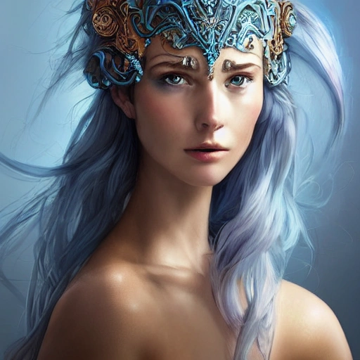 blue and silver and brown , full-head Beautiful fantasy princess , mid-shot, intricate detailed sharp freeform headdress, correct face, elegant, centered head, sharp face, detailed face, highly detailed, digital painting, colorful, beautiful colors, artstation, concept art, smooth, illustration, art by Krenz Cushart