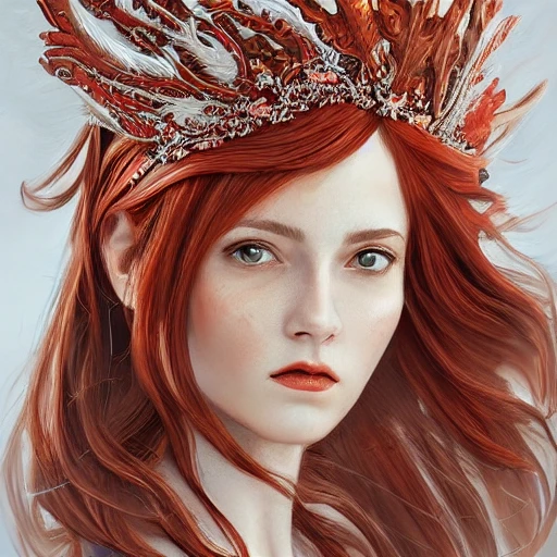 red and silver and brown , full-head Beautiful fantasy princess , mid-shot, intricate detailed sharp freeform headdress, correct face, elegant, centered head, sharp face, detailed face, highly detailed, digital painting, colorful, beautiful colors, artstation, concept art, smooth, illustration, art by Krenz Cushart