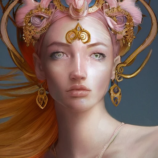 light pink and gold and white , full-head Beautiful fantasy princess , mid-shot, intricate detailed sharp freeform headdress, correct face, elegant, centered head, sharp face, detailed face, highly detailed, digital painting, colorful, beautiful colors, artstation, concept art, smooth, illustration, art by Krenz Cushart