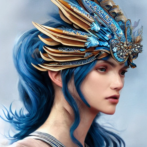 blue and silver and brown , full-head Beautiful fantasy princess , mid-shot, intricate detailed sharp freeform headdress, correct face, elegant, centered head, sharp face, highly detailed, digital painting, colorful, beautiful colors, artstation, concept art, smooth, illustration, art by Krenz Cushart