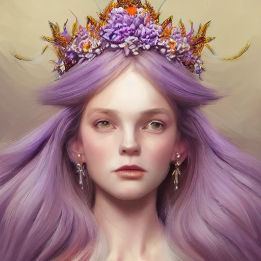 lilac and white and peach, full-head Beautiful fantasy princess , mid-shot, intricate detailed sharp freeform headdress, correct face, elegant, centered head, sharp face, highly detailed, digital painting, colorful, beautiful colors, artstation, concept art, smooth, illustration, art by Krenz Cushart