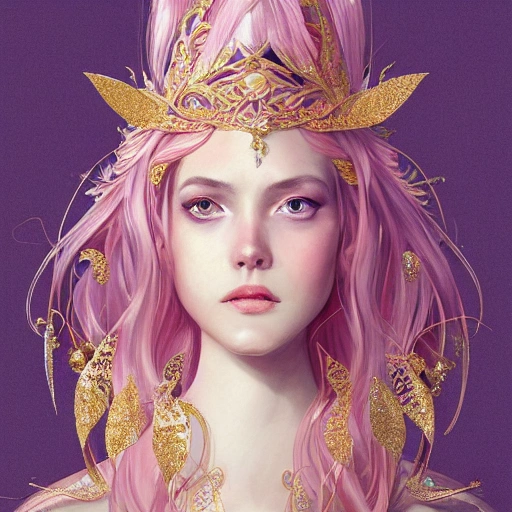 light pink and gold and white , full-head Beautiful fantasy princess , mid-shot, intricate detailed sharp freeform headdress, correct face, elegant, centered head, sharp face, highly detailed, digital painting, colorful, beautiful colors, artstation, concept art, smooth, illustration, art by Krenz Cushart