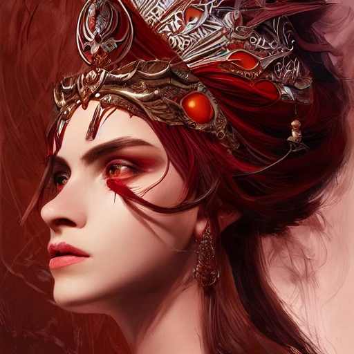 red and silver and brown , full-head Beautiful fantasy princess , mid-shot, intricate detailed sharp freeform headdress, correct face, elegant, centered head, sharp face, highly detailed, digital painting, colorful, beautiful colors, artstation, concept art, smooth, illustration, art by Krenz Cushart