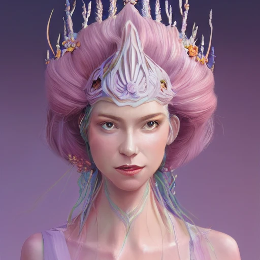 lilac and white and peach, full-head Beautiful fantasy princess , mid-shot, intricate detailed sharp freeform headdress, correct face, elegant, centered head, sharp face, highly detailed, digital painting, colorful, beautiful colors, artstation, concept art, smooth, illustration, art by Krenz Cushart