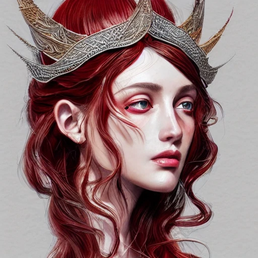 red and silver and brown , full-head Beautiful fantasy princess , mid-shot, intricate detailed sharp freeform headdress, correct face, elegant, centered head, sharp face, highly detailed, digital painting, colorful, beautiful colors, artstation, concept art, smooth, illustration, art by Krenz Cushart