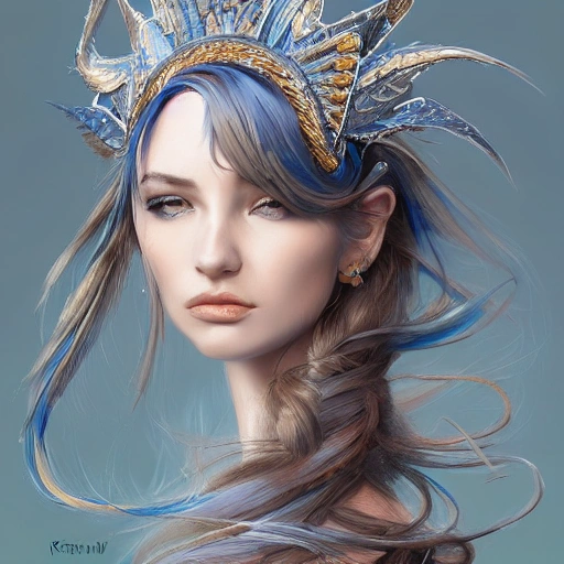 blue and silver and brown , full-head Beautiful fantasy princess , mid-shot, intricate detailed sharp freeform headdress, correct face, elegant, centered head, sharp face, highly detailed, digital painting, colorful, beautiful colors, artstation, concept art, smooth, illustration, art by Krenz Cushart