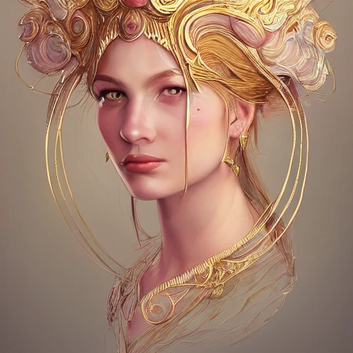 light pink and gold and white , full-head Beautiful fantasy princess , mid-shot, intricate detailed sharp freeform headdress, correct face, elegant, centered head, sharp face, highly detailed, digital painting, colorful, beautiful colors, artstation, concept art, smooth, illustration, art by Krenz Cushart
