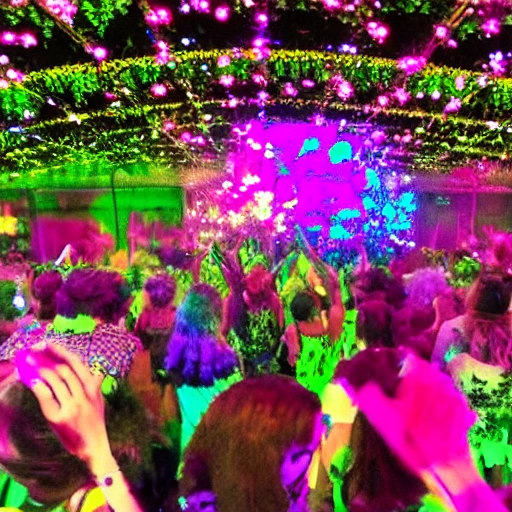 flower dance rave in a greenhouse, Trippy, 3D