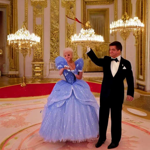 US President Biden, who is dressed like a fairy from the fairy tale "Cinderella", turns a slingshot into a missile system like a fairy, and gives it to President of Ukraine Zelensky dressed in a Cinderella costume, in a lavish Victrian-style palace, Trippy, Cartoon, 3D