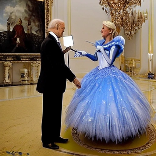 US President Biden, who is dressed like a fairy from the fairy tale "Cinderella", turns a slingshot into a missile system, and gives something to the President of Ukraine Zelensky, who is dressed in a Cinderella costume, this happens in a lavish Victrian-style palace, Cartoon