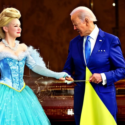 US President Biden, who is dressed like a fairy from the fairy tale "Cinderella", turns a slingshot into a missile system, and gives something to the President of Ukraine Zelensky, who is dressed in a Cinderella costume, this happens in a lavish Victrian-style palace, detailed face, spotlight, cyberpunk city, wired, multicolored, vibrant high contrast, hyperrealistic, photografic, 8k, epic ambient light, octane render
, 3D