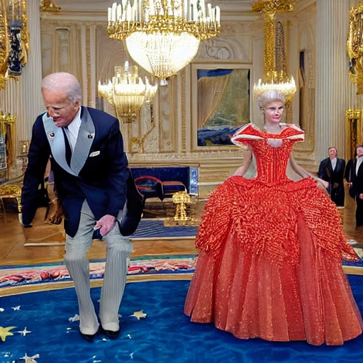 US President Biden, who is dressed like a fairy from the fairy tale "Cinderella", turns a slingshot into a missile system, and gives something to the President of Ukraine Vladimir Zelensky, who is dressed in a Cinderella costume, this happens in a lavish Victrian-style palace, detailed face, spotlight, cyberpunk city, wired, multicolored, vibrant high contrast, hyperrealistic, photografic, 8k, epic ambient light, octane render, Cartoon