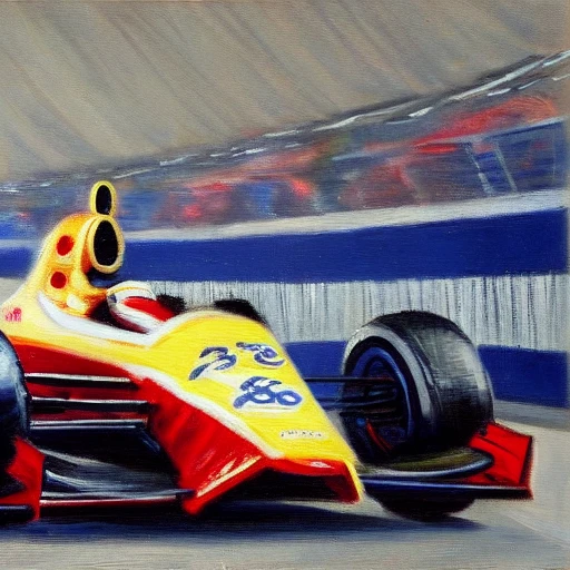 A painting of a formula one car, Claude Monet, Impressionism, oil on canvas, artistic composition, trending on artstation, r/art