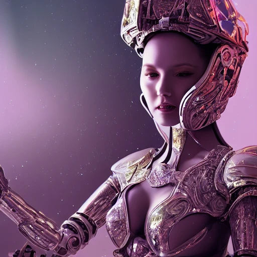 sci-fi beautiful portrait of a princess Wizard  warrior in galaxy station with robotic biotech sci-fi man, with metallic armor and fabric, composition, intricate, elegant, highly detailed, trending on artstation, ultra detailed, hyper-realistic, 8K resolution, polished ethereal divine magical, Trippy