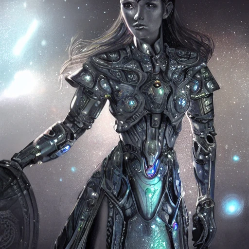 sci-fi beautiful portrait of a princess Wizard  warrior in galaxy station with robotic biotech sci-fi man, with metallic armor and fabric, composition, intricate, elegant, highly detailed, trending on artstation, ultra detailed, hyper-realistic, 8K resolution, polished ethereal divine magical, Pencil Sketch