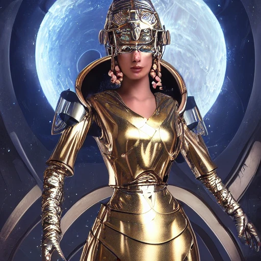 sci-fi beautiful portrait of a princess Wizard  warrior in galaxy station with robotic biotech sci-fi man, with metallic armor and fabric, composition, intricate, elegant, highly detailed, trending on artstation, ultra detailed, hyper-realistic, 8K resolution, polished ethereal divine magical, Oil Painting