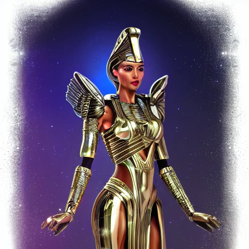 sci-fi beautiful portrait of a Egyptian princess warrior in galaxy station with robotic biotech sci-fi man, with metallic armor and fabric, composition, intricate, elegant, highly detailed, trending on artstation, ultra detailed, hyper-realistic, 8K resolution, polished ethereal divine magical, 3D