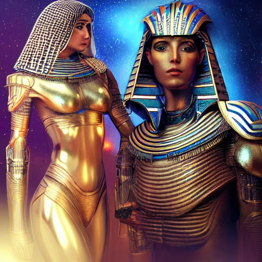 sci-fi beautiful portrait of a Egyptian princess warrior in galaxy station with robotic biotech sci-fi man, with metallic armor and fabric, composition, intricate, elegant, highly detailed, trending on artstation, ultra detailed, hyper-realistic, 8K resolution, polished ethereal divine magical, Pencil Sketch