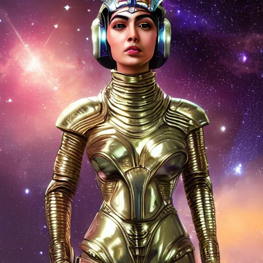 sci-fi beautiful portrait of a Egyptian princess warrior in galaxy station with robotic biotech sci-fi man, with metallic armor and fabric, composition, intricate, elegant, highly detailed, trending on artstation, ultra detailed, hyper-realistic, 8K resolution, polished ethereal divine magical, Oil Painting