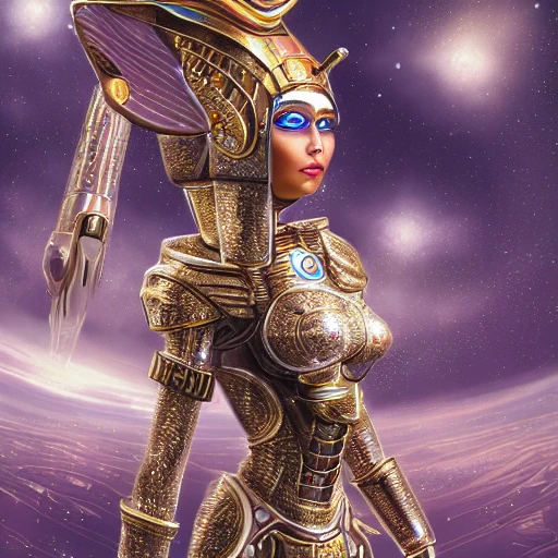 sci-fi beautiful portrait of a Egyptian princess warrior in galaxy station with robotic biotech sci-fi man, with metallic armor and fabric, composition, intricate, elegant, highly detailed, trending on artstation, ultra detailed, hyper-realistic, 8K resolution, polished ethereal divine magical, 3D, Trippy, Pencil Sketch, Cartoon