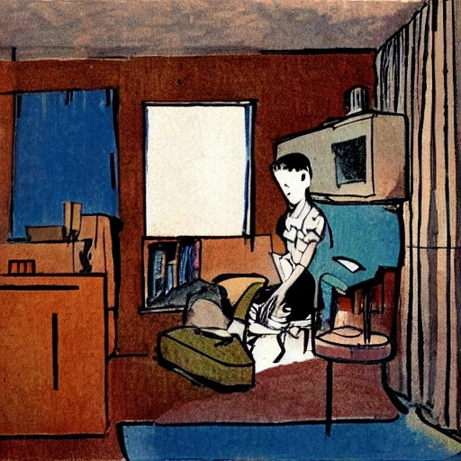 boy and girl relax in small bedroom apartment clutter no windows big tv , 50's illustration , cyberpunk , lofi color , drawing by rembrandt , Water Color