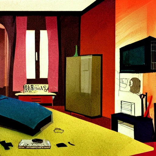 boy and girl relax in small bedroom apartment clutter no windows big tv , 50's illustration , cyberpunk , lofi color , drawing by rembrandt , Water Color, 3D