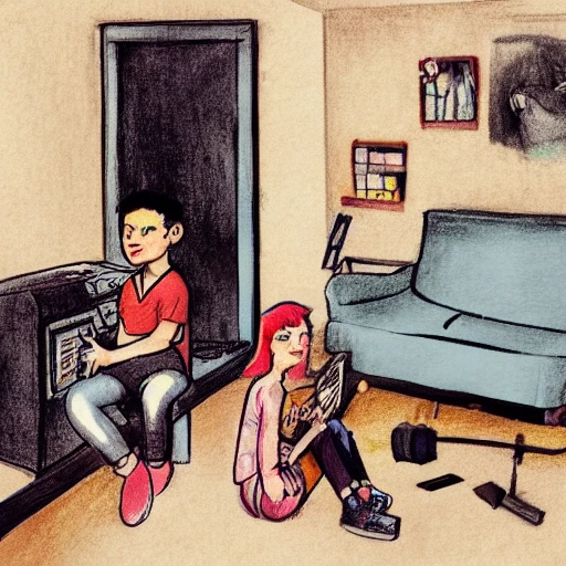 boy and girl relax in small bedroom apartment clutter no windows big tv , 50's illustration , cyberpunk , lofi color , drawing by rembrandt , Water Color, 3D, Oil Painting, Pencil Sketch