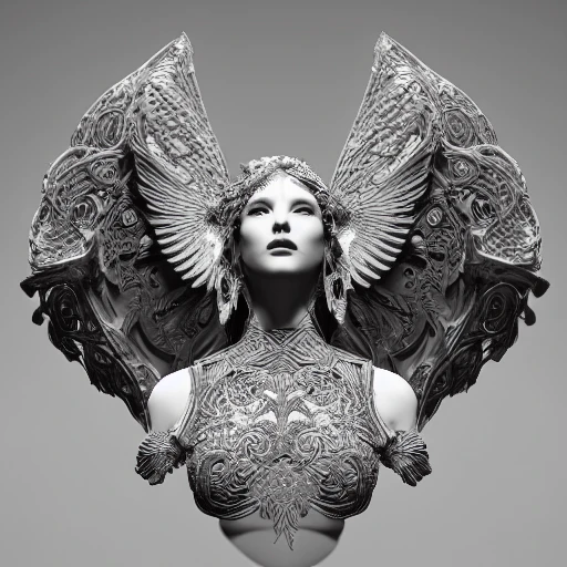 mdjrny-v4 style, symmetric, intricate, centred 3d render ultra detailed of a beautiful porcelain isis covered profile portrait woman with wings, 150 mm, beautiful studio soft light, rim light, vibrant details, luxurious antic, hyperrealistic, anatomical, facial muscles, blade runner atmosphere , elegant, octane render, by caravaggio photos style, 8k