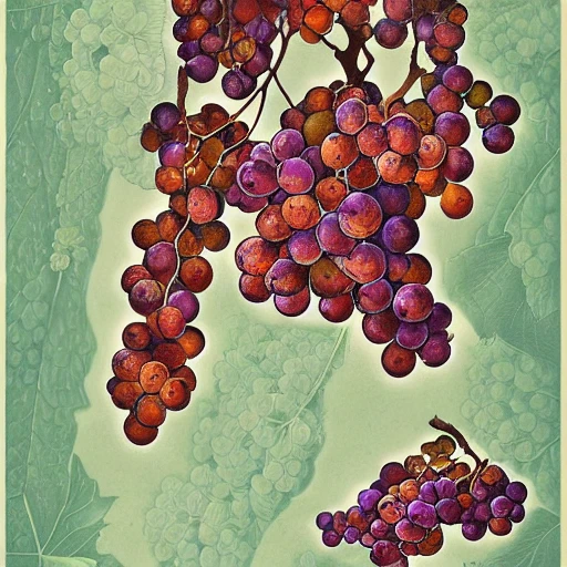 grapes, bunches of grapes, grape leaves, wine glasses and bottles, design for poster, and red wine, very coherent, airbrush, art by victo ngai and James Jean