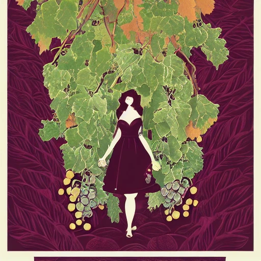 a beautiful woman surrounded by grapes, bunches of grapes, grape leaves, wine glasses and bottles, design for poster, and red wine bottle,  art by victo ngai 