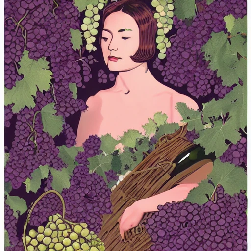 a beautiful woman surrounded by grapes, bunches of grapes, grape leaves, wine glasses and bottles, design for poster, and red wine bottle,  art by victo ngai 