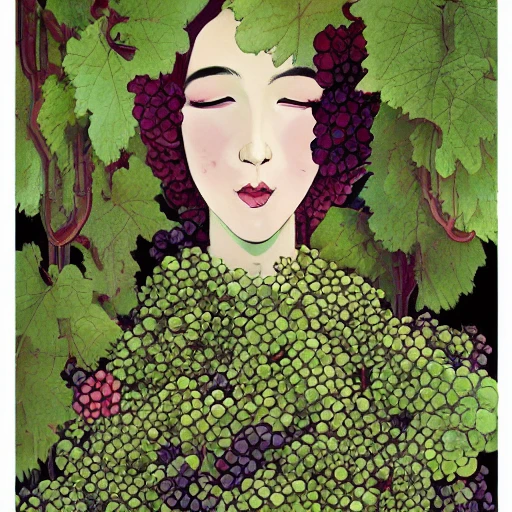 a beautiful woman surrounded by grapes, bunches of grapes, grape leaves, wine glasses and bottles, design for poster, and red wine bottle, inking lines, art by victo ngai , Oil Painting, Trippy