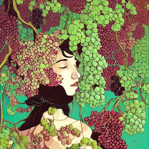 a beautiful woman surrounded by grapes, bunches of grapes, grape leaves, wine glasses and bottles, design for poster, and red wine bottle, inking lines, art by victo ngai , Oil Painting, Trippy, Oil Painting