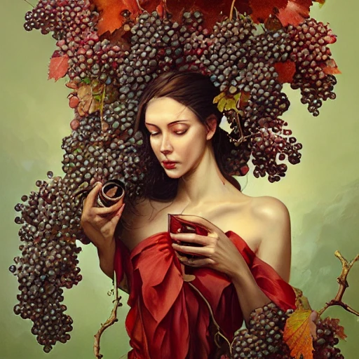 a beautiful woman surrounded by grapes, bunches of grapes, grape leaves, wine glasses and bottles, design for poster, and red wine, very coherent, hyper detailed, hyper realistic detailed portrait, peter mohrbacher, wlop, ruan jia