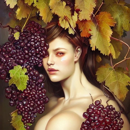 a beautiful woman surrounded by grapes, bunches of grapes, grape leaves, wine glasses and bottles, design for poster, and red wine, very coherent, hyper detailed, hyper realistic detailed portrait, peter mohrbacher, wlop, ruan jia