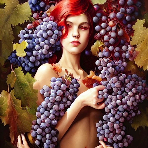 a beautiful woman surrounded by grapes, bunches of grapes, grape leaves, wine glasses and bottles, design for poster, and red wine, very coherent, hyper detailed, hyper realistic detailed portrait, peter mohrbacher, wlop, ruan jia