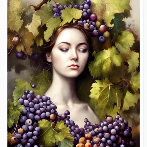 a young woman surrounded by grapes, bunches of grapes, grape leaves, wine glasses and bottles, design for poster, hyper detailed, hyper realistic detailed portrait, peter mohrbacher, wlop, ruan jia