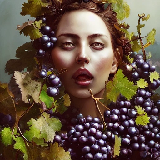 a young woman surrounded by grapes, bunches of grapes, grape leaves, wine glasses and bottles, design for poster, hyper detailed, hyper realistic detailed portrait, peter mohrbacher, wlop, ruan jia