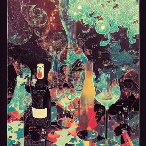 magic, bottle, wine, grappes by victo ngai