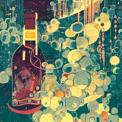 magic, bottle, wine, grappes, bunches of grappes by victo ngai