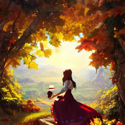 concept art painting of a fantasy una bella diosa mujer rodeada de uvas, racimos de uvas, hojas de parra, copas de vino y botellas, diseño para cartel, and red wine, very coherent, airbrush, art in the style of makoto shinkai and greg rutkowski and albert bierstadt and james gurney ,