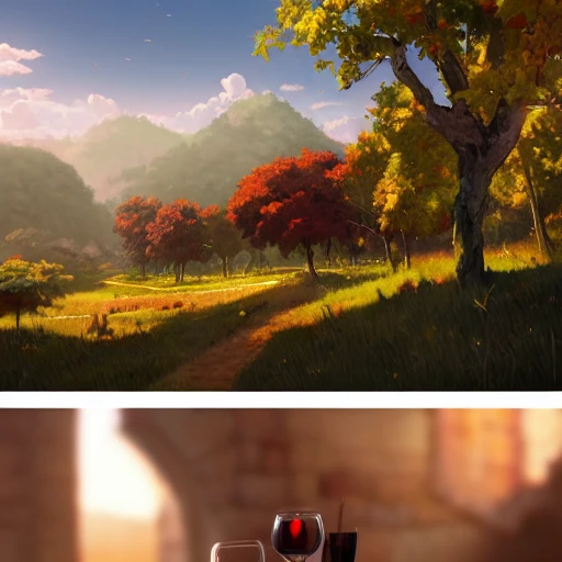 concept art painting  uvas, racimos de uvas, hojas de parra, copas de vino y botellas, diseño para cartel, and red wine, very coherent, airbrush, art in the style of makoto shinkai and greg rutkowski and albert bierstadt and james gurney ,