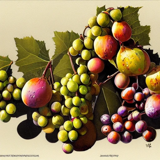 concept art painting  uvas, racimos de uvas, hojas de parra, copas de vino y botellas, diseño para poster,  james gurney ,