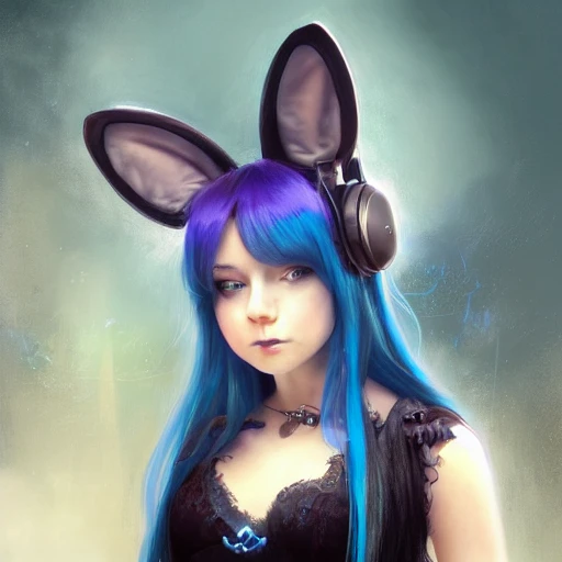 realistic  portrait of a young teen girl, blue hair, dark fantasy, dark style outfit,headphones with bunny ears super short hair, casting a bright large-scale magical steam punk like city, magic dust around, highly detailed, digital painting, trending on artstation, pixiv, concept art, sharp focus, illustration, art by Ross Tran and Greg Rutkowski and Walt Disney animation