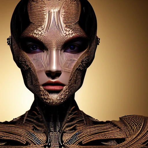 mdjrny-v4 style, symmetric, intricate, centred 3d render ultra detailed of a beautiful porcelain and gold profile portrait woman, 150 mm, beautiful studio soft light, rim light, vibrant details, luxurious antic, hyperrealistic, anatomical, facial muscles, blade runner atmosphere , elegant, octane render, H. R. Giger style, 8k, Trippy
