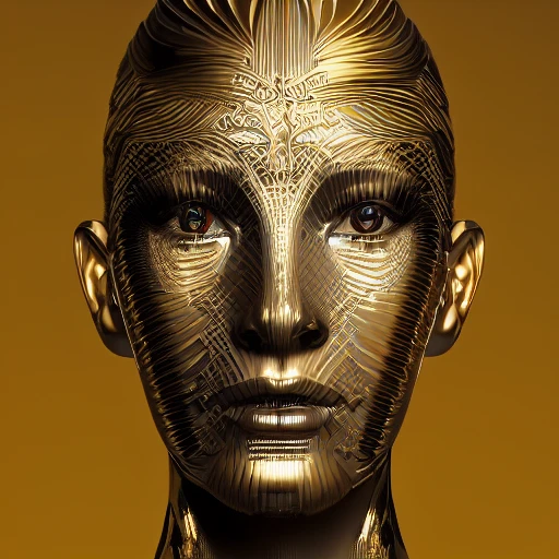 mdjrny-v4 style, symmetric, intricate, centred 3d render ultra detailed of a beautiful porcelain and gold profile portrait woman, 150 mm, beautiful studio soft light, rim light, vibrant details, luxurious antic, hyperrealistic, anatomical, facial muscles, blade runner atmosphere , elegant, octane render, H. R. Giger style, 8k, Trippy