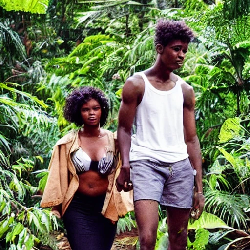 A white boy and his black girlfriend or exploring the jungle they got the hot and humid and they had to strip the cool down they held each other's hand, Cartoon