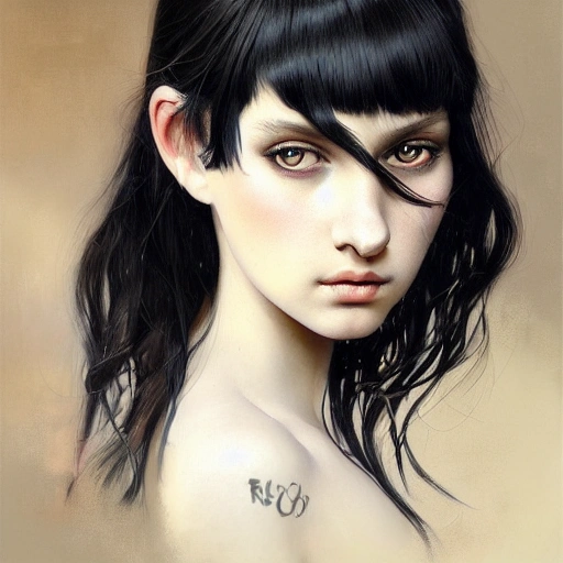 Realistic portrait of a young girl with black hair, fantasy, long hair, very detailed, digital painting, trend artstation, in sharp focus, illustration, art by tom bagshaw, Oil Painting